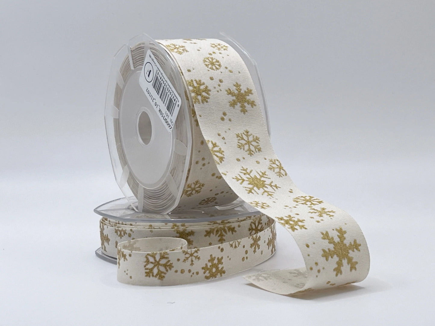 Nastro Decorativo In Policotone con Fiocchi di Neve Glitter Oro - Altezza 35 mm - 100% Poliestere