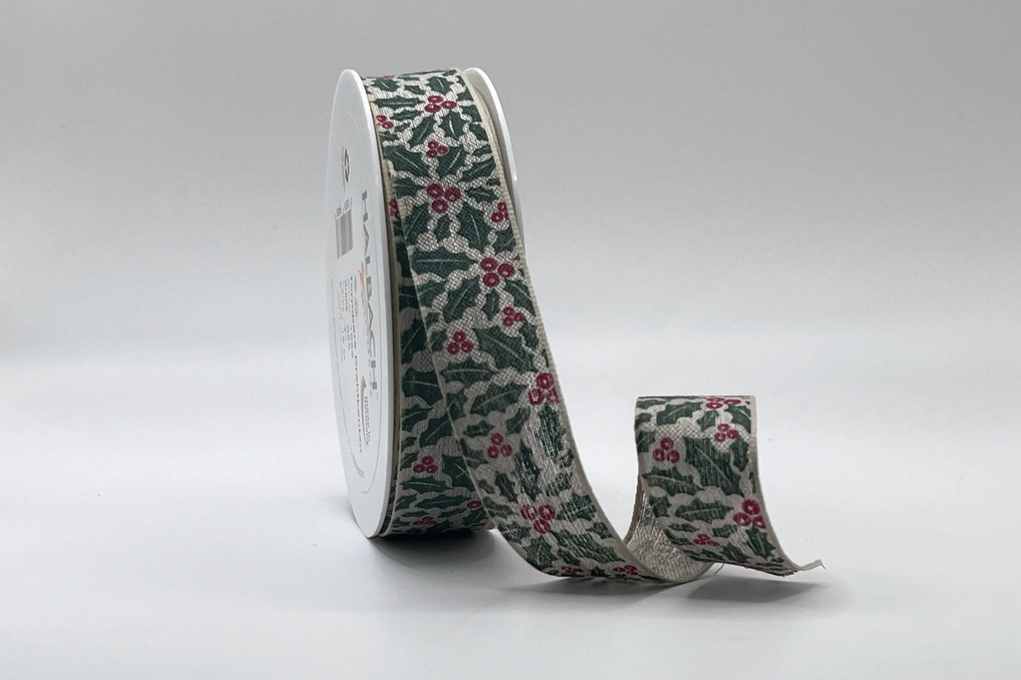 Nastro natalizio in lino stampato fantasia Agrifoglio - Altezza 25 mm - 72% lino 28% poliestere