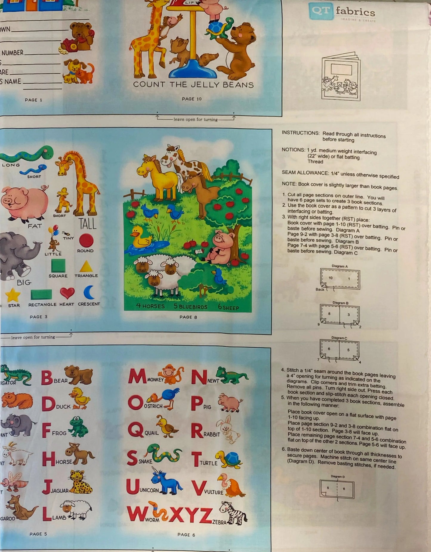 Tessuto americano della QT FABRICS. Libro tessile alfabeto e animali - 90 x 110h