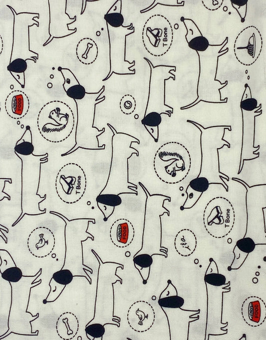 Tessuto Americano Ink & Arrow con bassotti. 100% cotone h 110 - 18,00€/mt